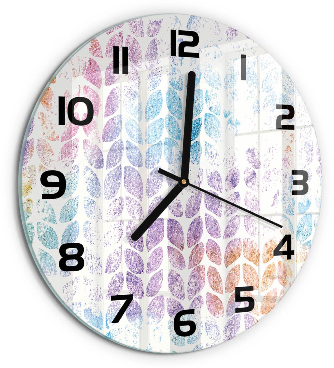TULUP Wandklok - Kleurrijke bladeren Wandklok Glas Met Motief - fi30 cm - Veelkleurig Decoratieve Glazen Klok - Zwarte handen - Ronde Klok - Gekleurde Glazen Klok - Glazen Klok Met Print