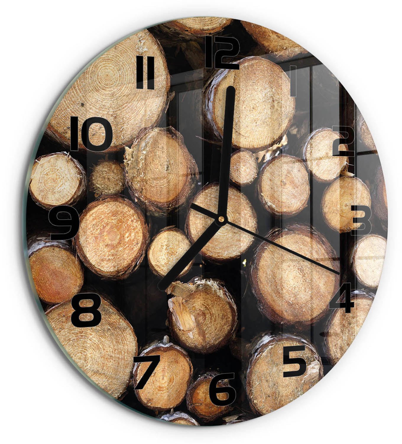 TULUP Wandklok - Logboeken Glazen Wandklok Design - fi30 cm - Bruin Klok Glas Met Opdruk - Zwarte handen - Ronde Klok - Wandklok Glas Met Motief - Decoratieve Glazen Klok