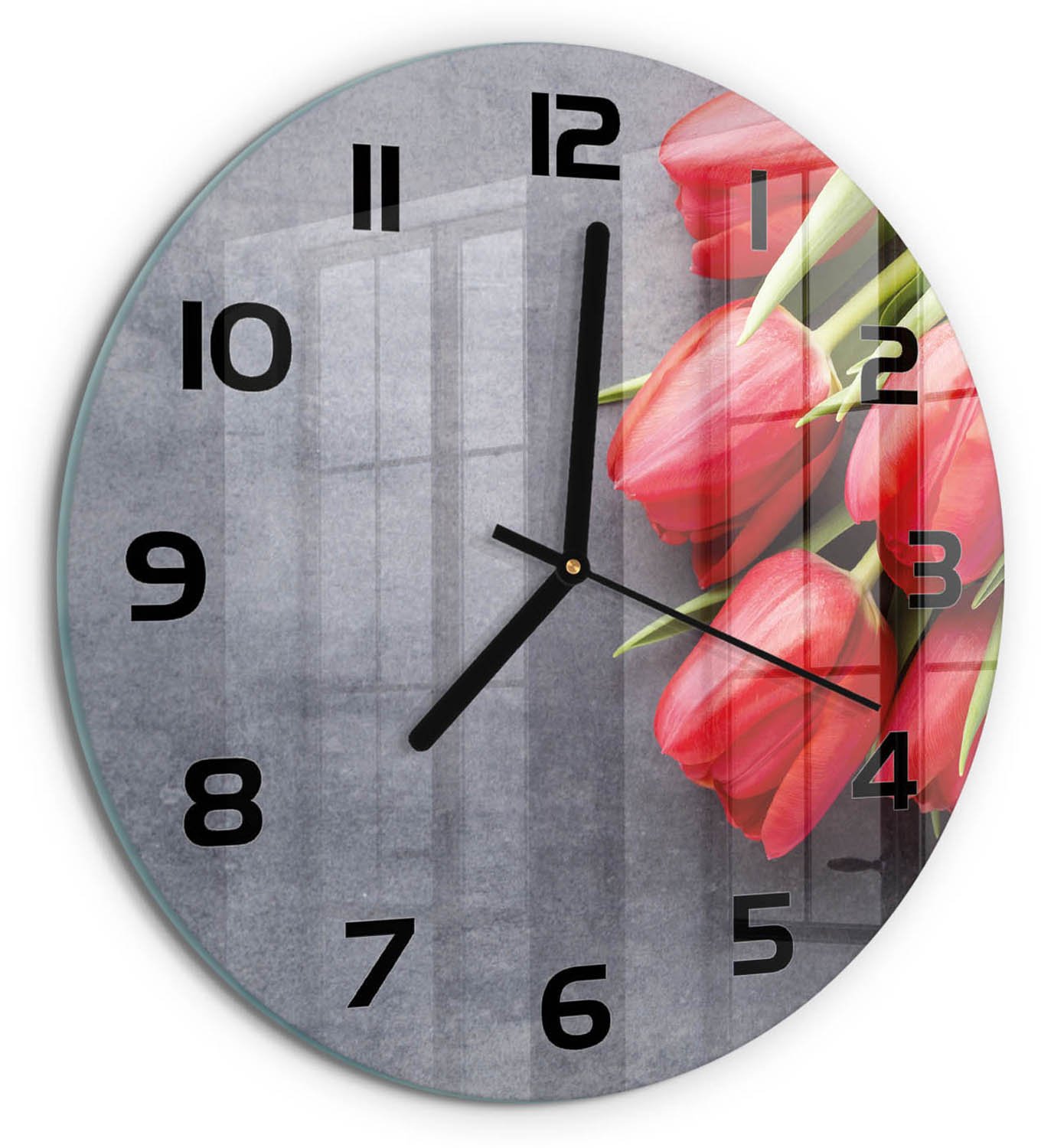 TULUP Wandklok - Rode tulpen Glazen Wandklok Design - fi30 cm - Rood Klok Glas Met Opdruk - Zwarte handen - Ronde Klok - Wandklok Glas Met Motief - Decoratieve Glazen Klok