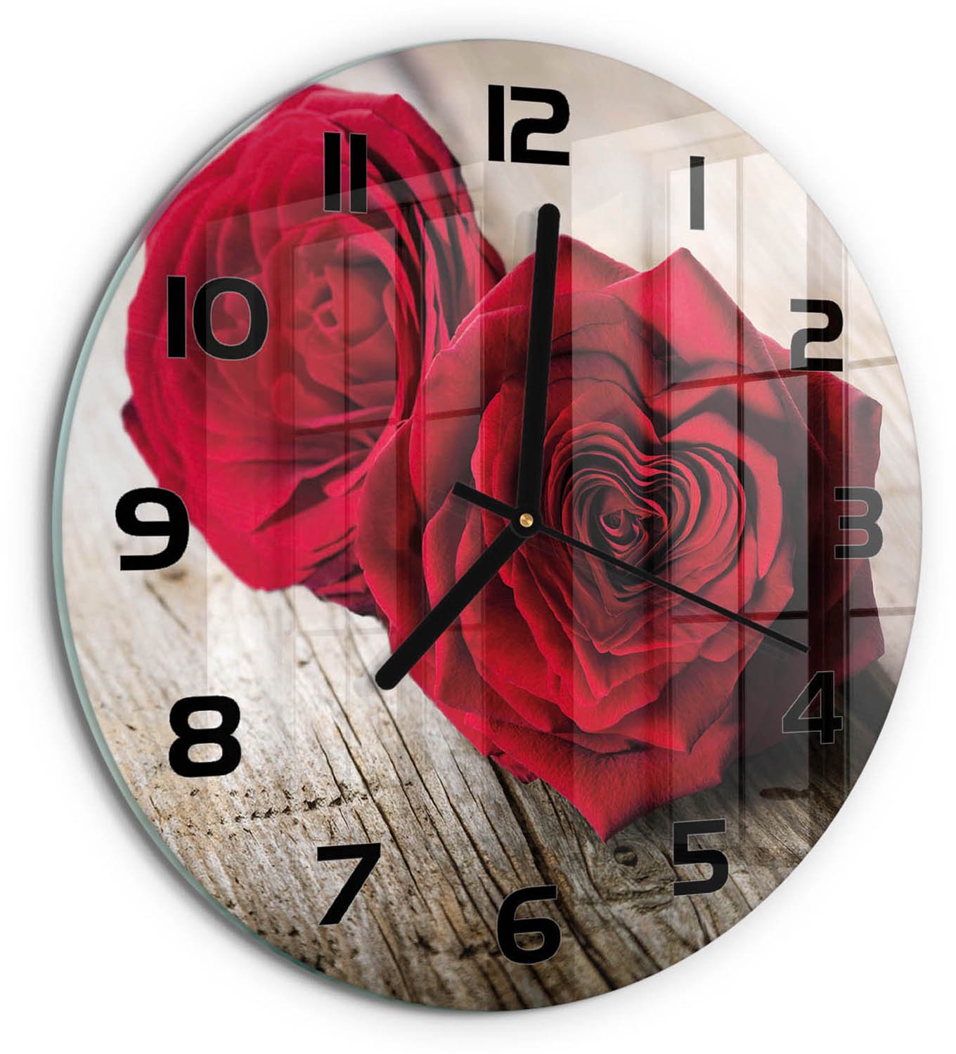 TULUP Wandklok - Rozen op hout Decoratieve Glazen Klok - fi30 cm - Rood Glazen Wandklok Design - Zwarte handen - Ronde Klok - Glazen Klok Met Print - Wandklok Glas Met Motief