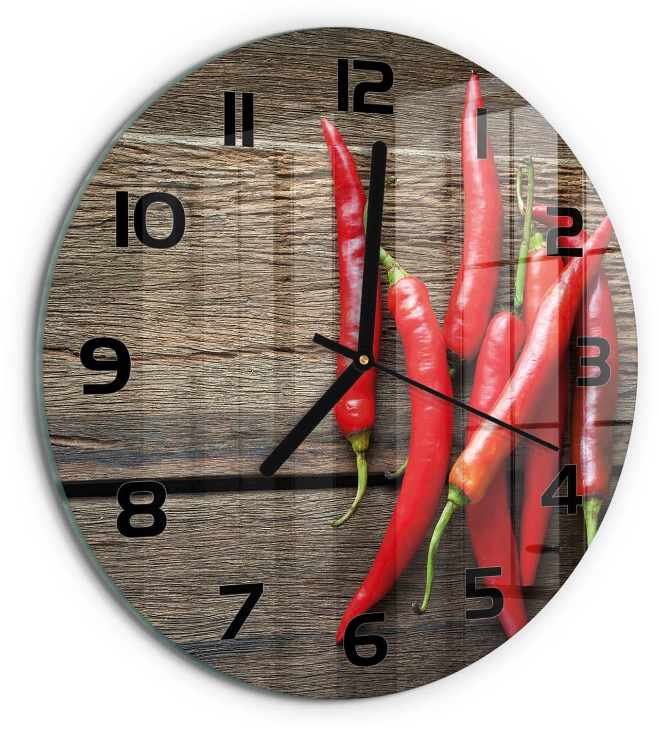 TULUP Wandklok - Chilipepers Wandklok Glas Met Motief - fi30 cm - Rood Decoratieve Glazen Klok - Zwarte handen - Ronde Klok - Gekleurde Glazen Klok - Glazen Klok Met Print