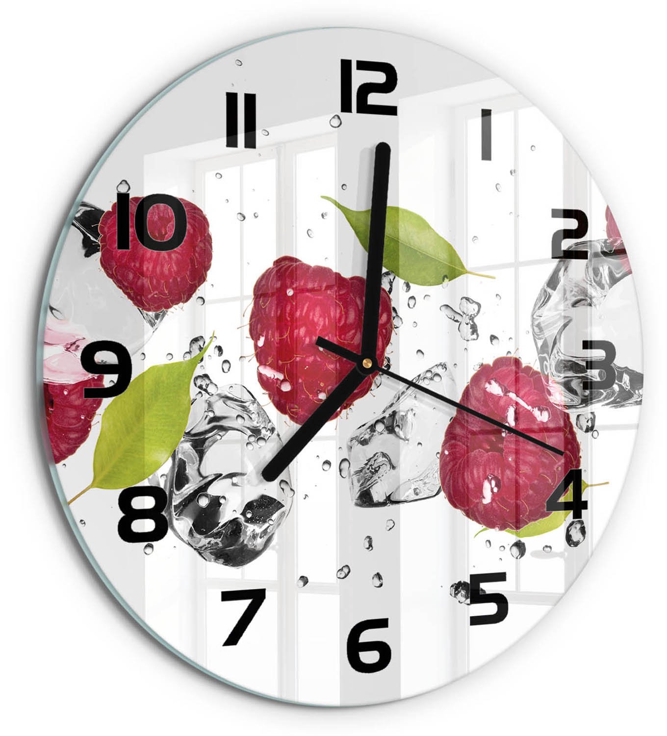 TULUP Wandklok - Framboos en water Glazen Wandklok Design - fi30 cm - Roze Klok Glas Met Opdruk - Zwarte handen - Ronde Klok - Wandklok Glas Met Motief - Decoratieve Glazen Klok