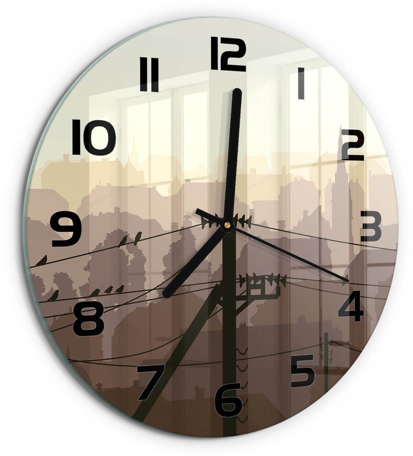 TULUP Wandklok - Stadsstroomleiding Glazen Wandklok Design - fi30 cm - Bruin Klok Glas Met Opdruk - Zwarte handen - Ronde Klok - Wandklok Glas Met Motief - Decoratieve Glazen Klok