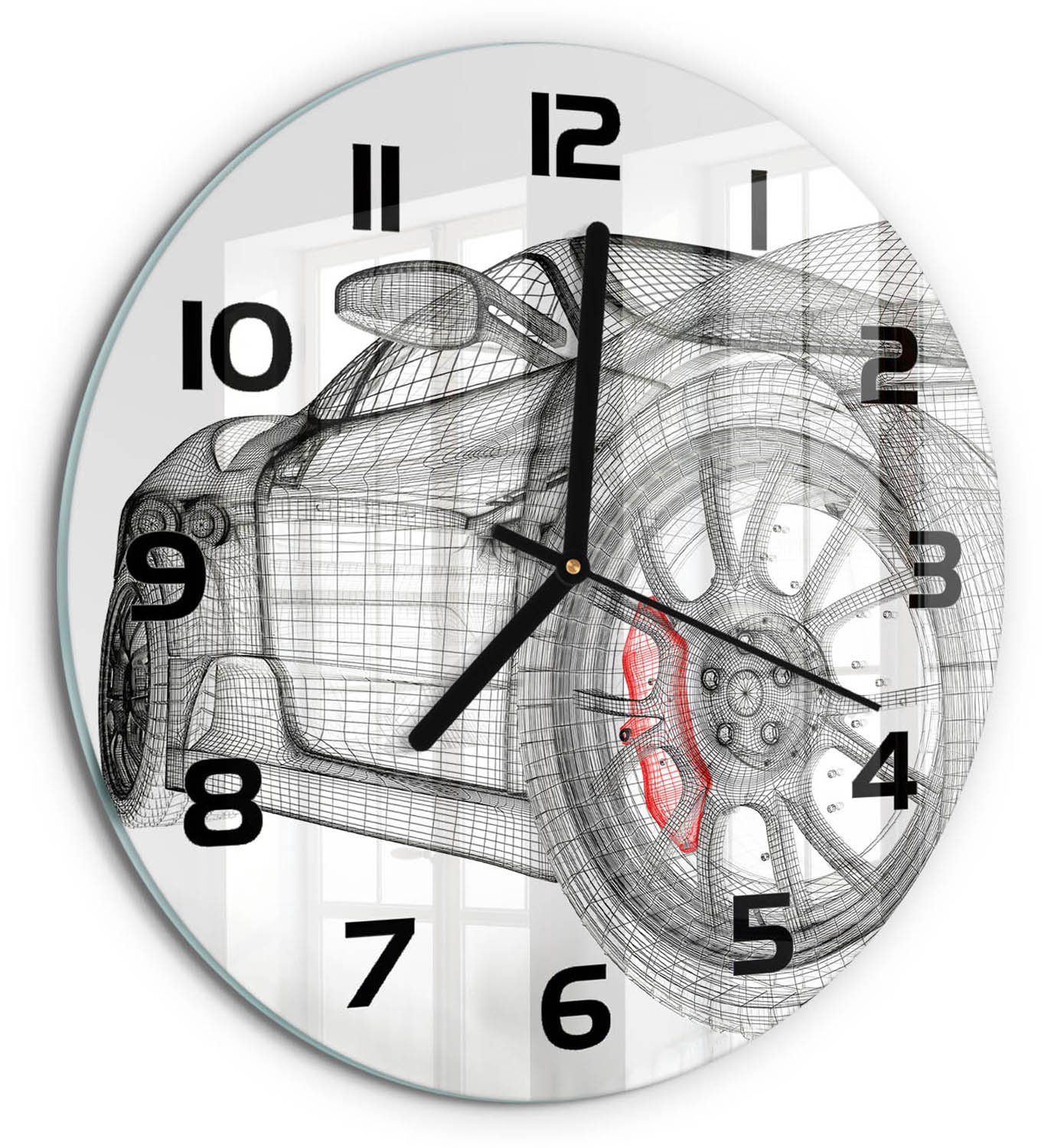 TULUP Wandklok - Autogrille Glazen Wandklok Design - fi30 cm - Rood Klok Glas Met Opdruk - Zwarte handen - Ronde Klok - Wandklok Glas Met Motief - Decoratieve Glazen Klok