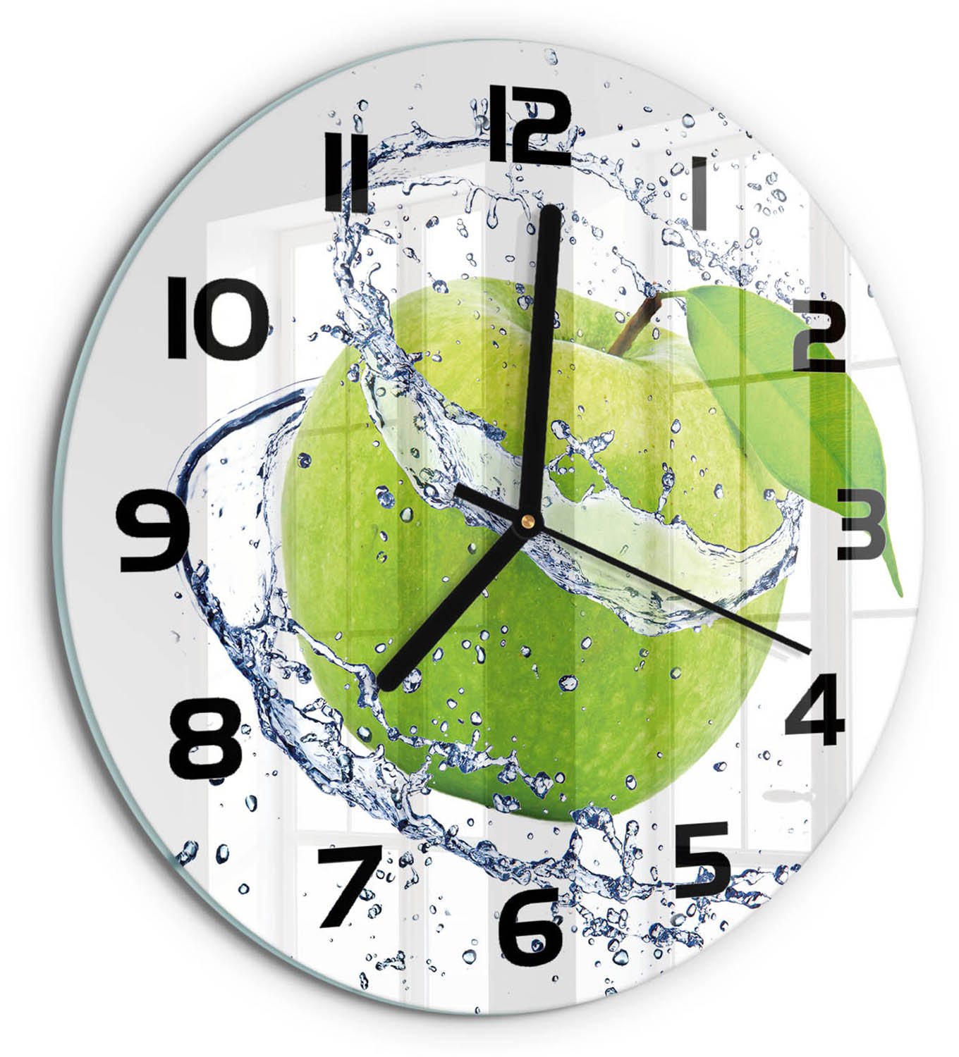 TULUP Wandklok - Groene appel Glazen Klok Met Print - fi30 cm - Groente Wandklok Glas Met Motief - Zwarte handen - Ronde Klok - Wandklok Glas Decoratie - Gekleurde Glazen Klok