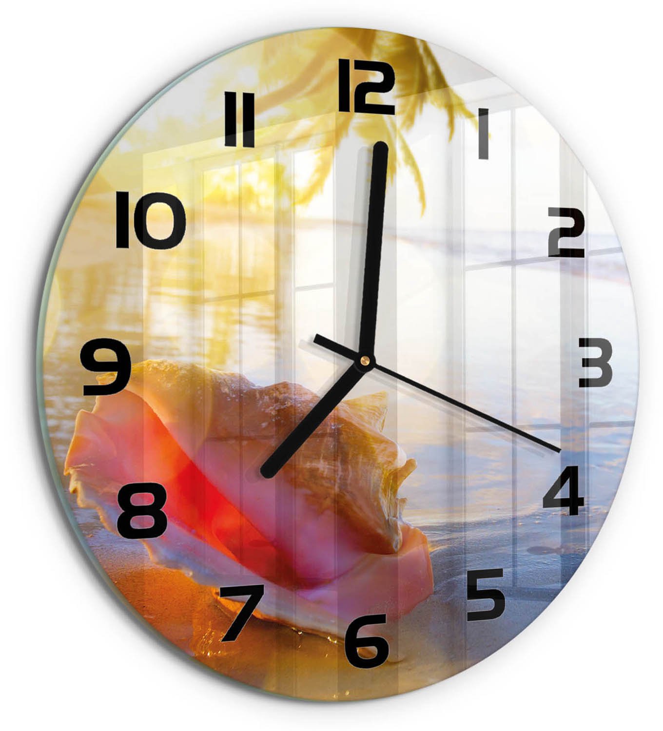 TULUP Wandklok - Een schelp op het strand Gekleurde Glazen Klok - fi30 cm - Veelkleurig Glazen Klok Met Print - Zwarte handen - Ronde Klok - Moderne Wandklok Glas - Wandklok Glas Decoratie