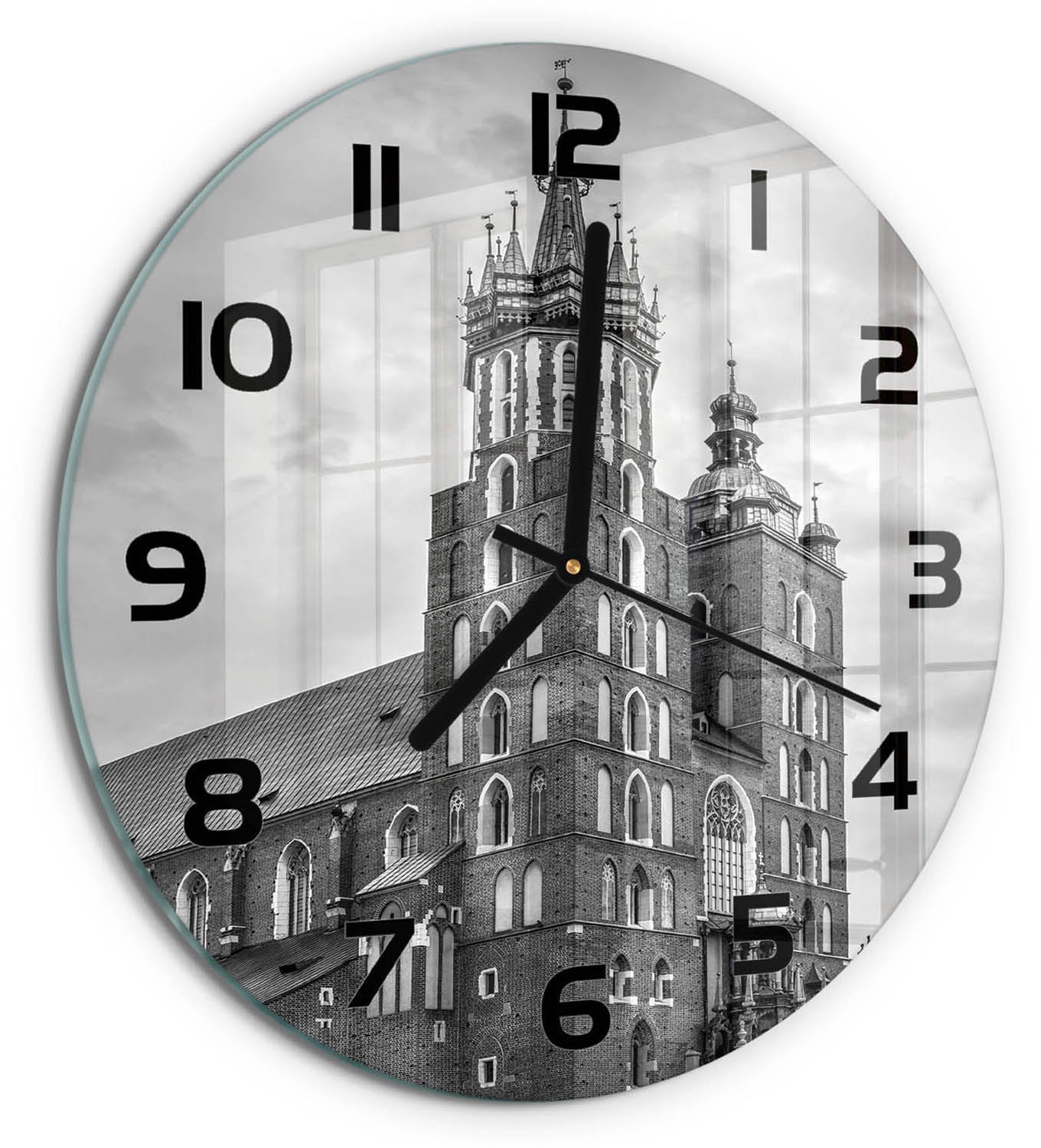 TULUP Wandklok - Krakau, Polen Wandklok Glas Met Motief - fi30 cm - Zwart-wit Decoratieve Glazen Klok - Zwarte handen - Ronde Klok - Gekleurde Glazen Klok - Glazen Klok Met Print