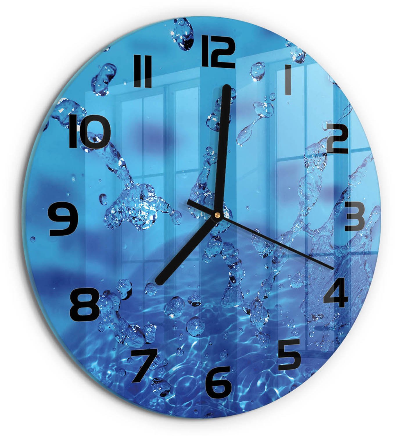 TULUP Wandklok - Waterdruppels Decoratieve Glazen Klok - fi30 cm - Blauw Glazen Wandklok Design - Zwarte handen - Ronde Klok - Glazen Klok Met Print - Wandklok Glas Met Motief