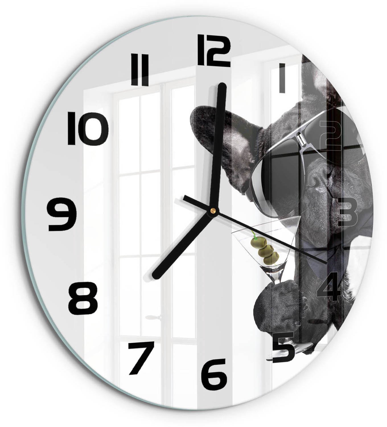 TULUP Wandklok - Martini Dog Glazen Klok Met Print - fi30 cm - Zwart Wandklok Glas Met Motief - Zwarte handen - Ronde Klok - Wandklok Glas Decoratie - Gekleurde Glazen Klok