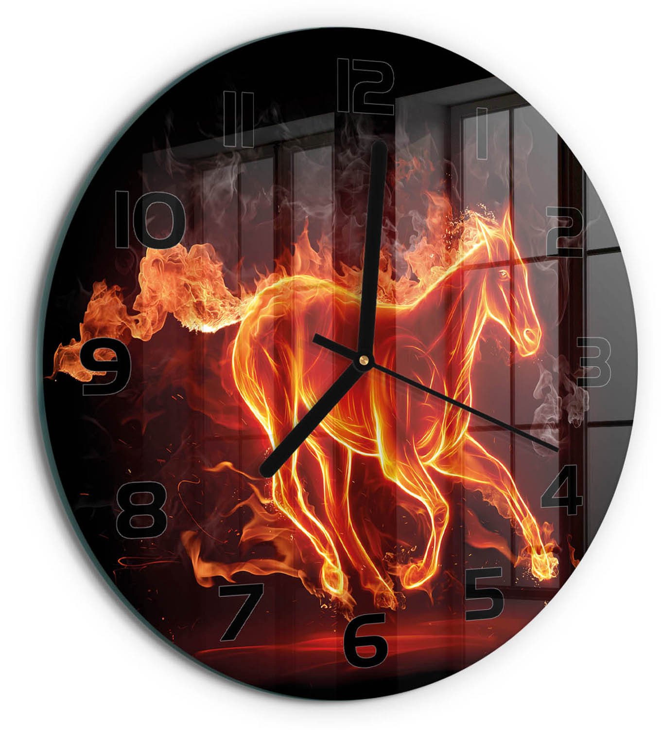 TULUP Wandklok - Paard in vlammen Klok Glas Met Opdruk - fi30 cm - Rood Moderne Wandklok Glas - Zwarte handen - Ronde Klok - Decoratieve Glazen Klok - Glazen Wandklok Design