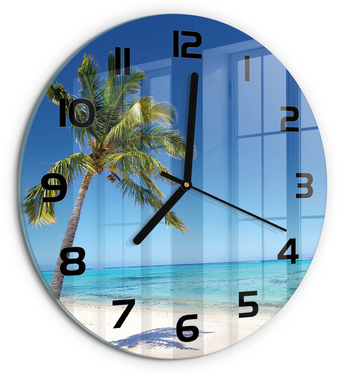 TULUP Wandklok - Tropisch strand Klok Glas Met Opdruk - fi30 cm - Blauw Moderne Wandklok Glas - Zwarte handen - Ronde Klok - Decoratieve Glazen Klok - Glazen Wandklok Design