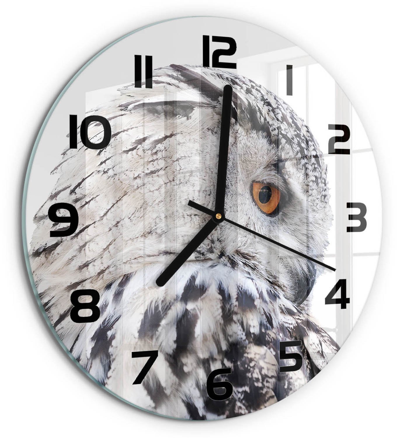 TULUP Wandklok - Witte Uil Klok Glas Met Opdruk - fi30 cm - Wit Moderne Wandklok Glas - Zwarte handen - Ronde Klok - Decoratieve Glazen Klok - Glazen Wandklok Design
