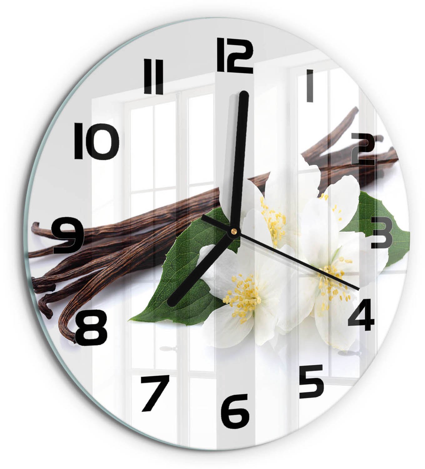 TULUP Wandklok - Jasmijn en vanille Glazen Wandklok Design - fi30 cm - Bruin Klok Glas Met Opdruk - Zwarte handen - Ronde Klok - Wandklok Glas Met Motief - Decoratieve Glazen Klok