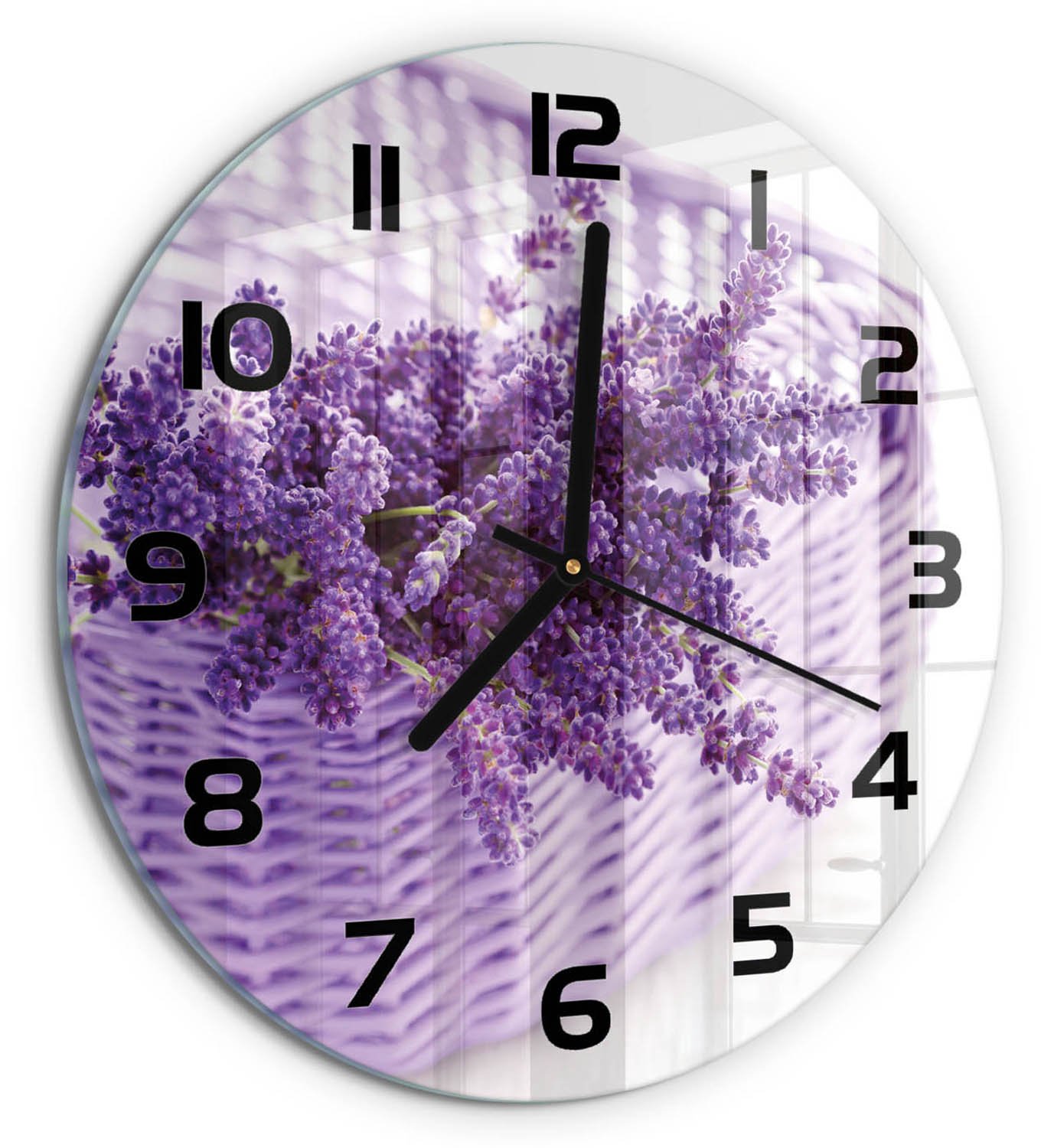 TULUP Wandklok - Lavendel in een mand Glazen Wandklok Design - fi30 cm - Paars Klok Glas Met Opdruk - Zwarte handen - Ronde Klok - Wandklok Glas Met Motief - Decoratieve Glazen Klok
