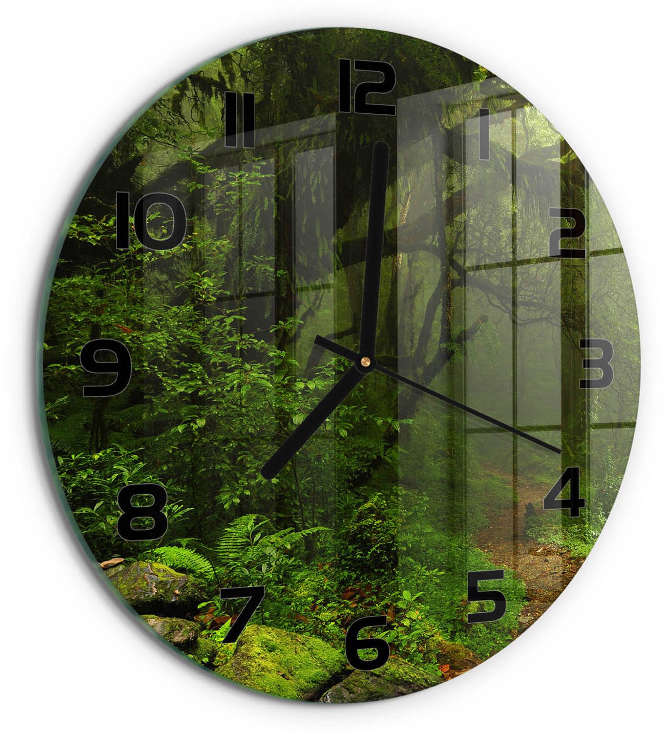 TULUP Wandklok - Oerwoud in Nepal Moderne Wandklok Glas - fi30 cm - Groente Wandklok Glas Decoratie - Zwarte handen - Ronde Klok - Glazen Wandklok Design - Klok Glas Met Opdruk