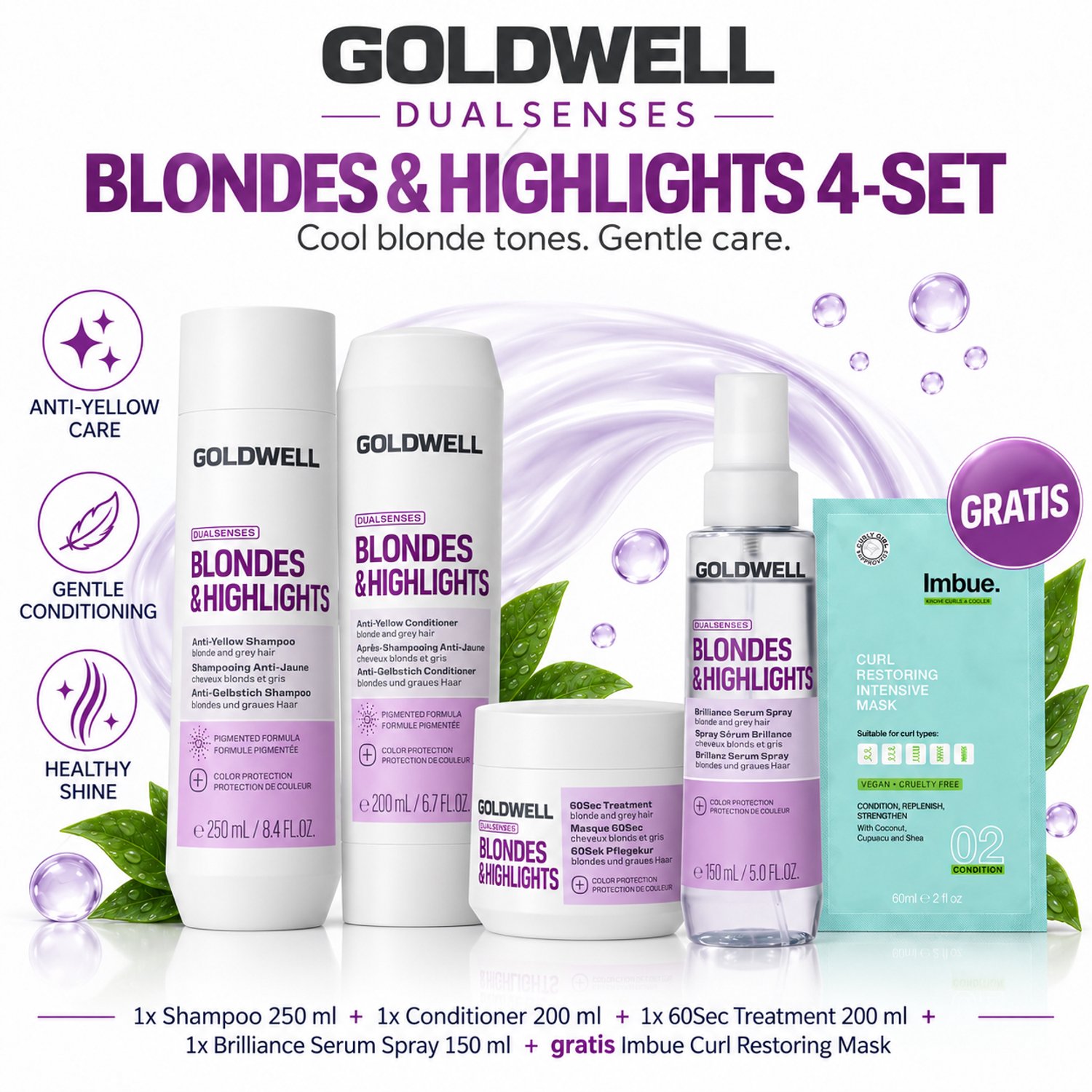 Goldwell Dualsenses Blondes & Highlights Shampoo, Conditioner, 60Sec Treatment & Brilliance Serum Spray + Gratis Imbue Masker