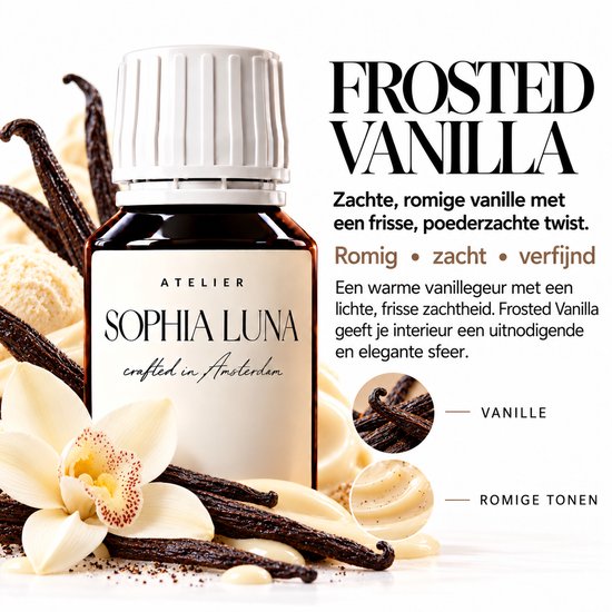 Frosted Vanilla: zachte, romige vanille met frisse, poederzachte twist. Warm, zacht, verfijnd. Atelier Sophia Luna, crafted in Amsterdam.