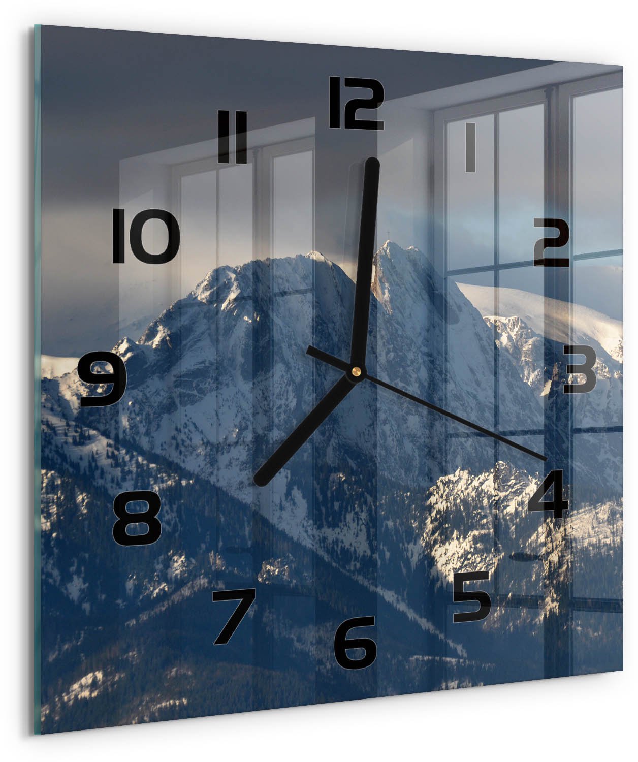 Tulup Wandklok - Giewont in de winter Gekleurde Glazen Klok - 30x30 cm - Grijs Glazen Klok Met Print - Zwarte handen - Vierkante Klok - Moderne Wandklok Glas - Wandklok Glas Decoratie