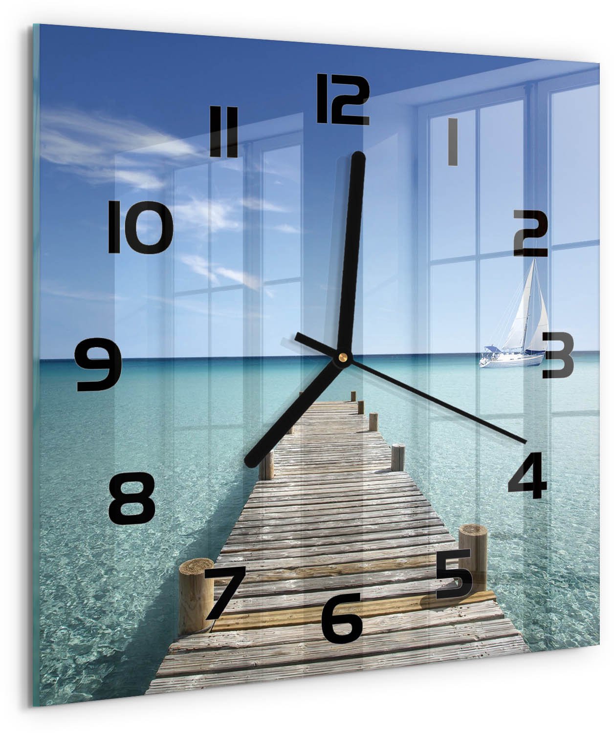 Tulup Wandklok - Houten brug Klok Glas Met Opdruk - 30x30 cm - Blauw Moderne Wandklok Glas - Zwarte handen - Vierkante Klok - Decoratieve Glazen Klok - Glazen Wandklok Design