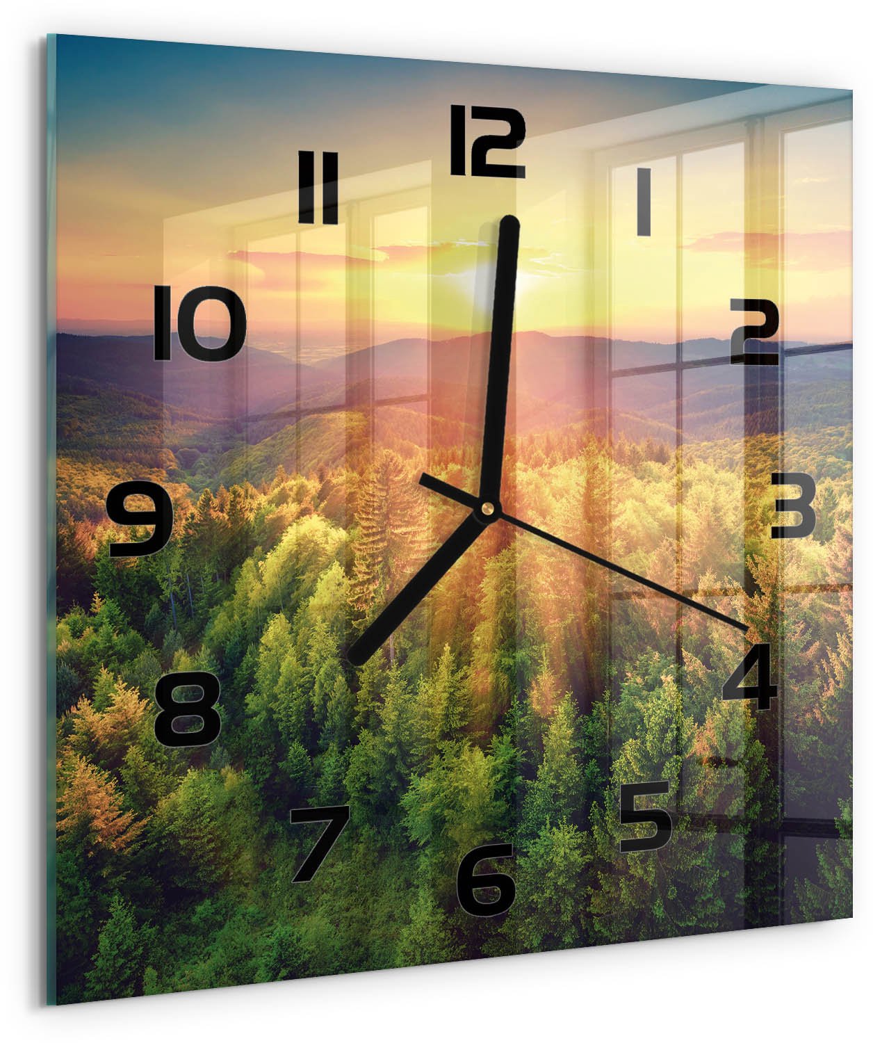 TULUP Wandklok - Zonsondergang in het bos Decoratieve Glazen Klok - 30x30 cm - Geel Glazen Wandklok Design - Zwarte handen - Vierkante Klok - Glazen Klok Met Print - Wandklok Glas Met Motief