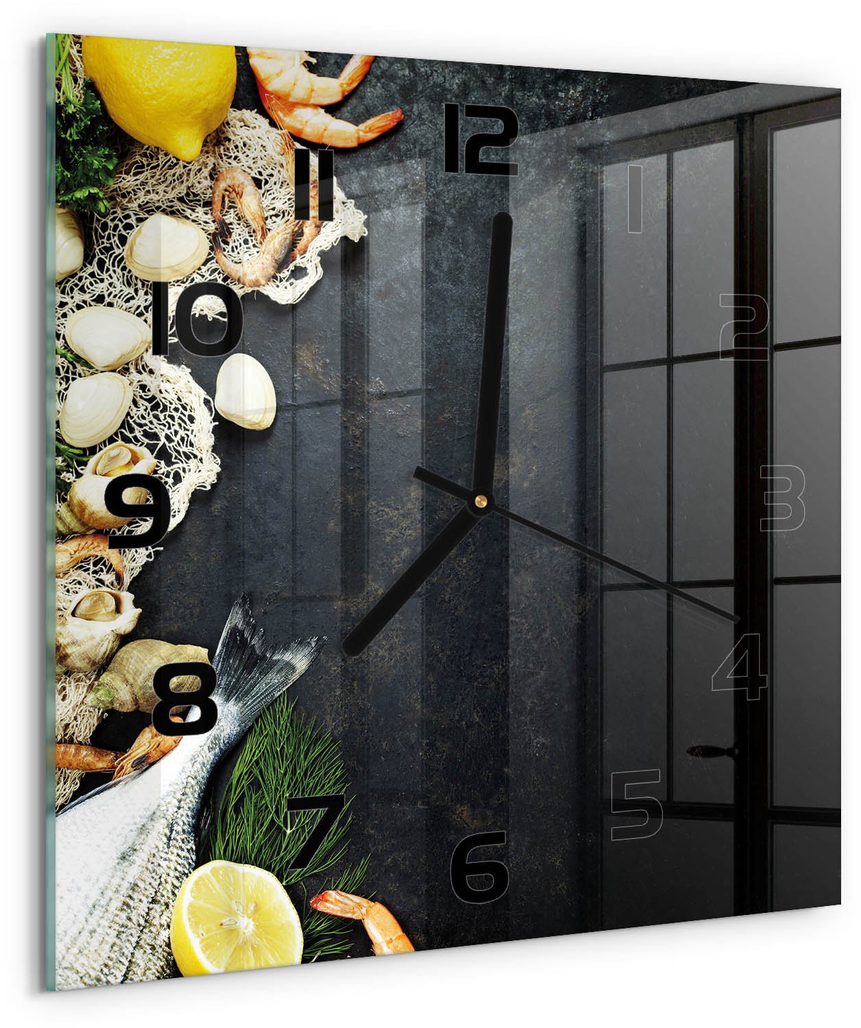 Tulup Wandklok - Zeevruchten Gekleurde Glazen Klok - 30x30 cm - Zwart Glazen Klok Met Print - Zwarte handen - Vierkante Klok - Moderne Wandklok Glas - Wandklok Glas Decoratie