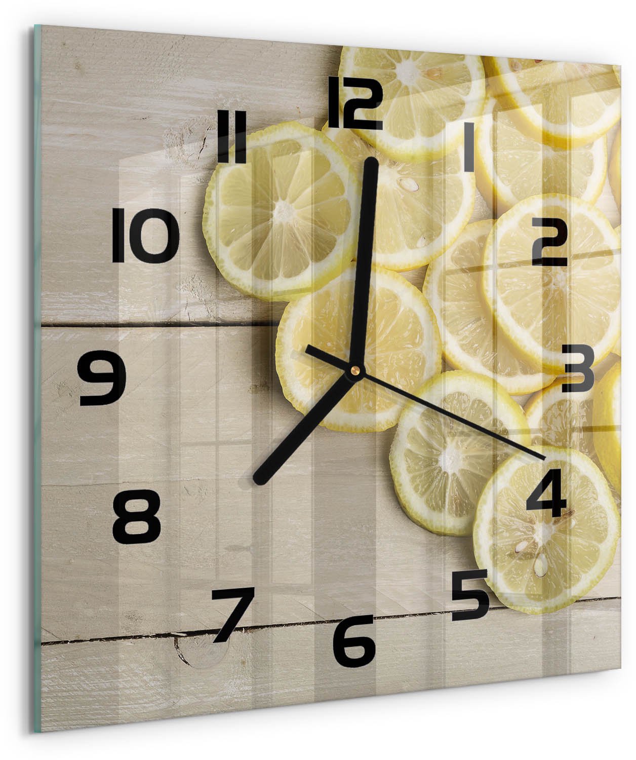 Tulup Wandklok - Citroenhout Gekleurde Glazen Klok - 30x30 cm - Geel Glazen Klok Met Print - Zwarte handen - Vierkante Klok - Moderne Wandklok Glas - Wandklok Glas Decoratie
