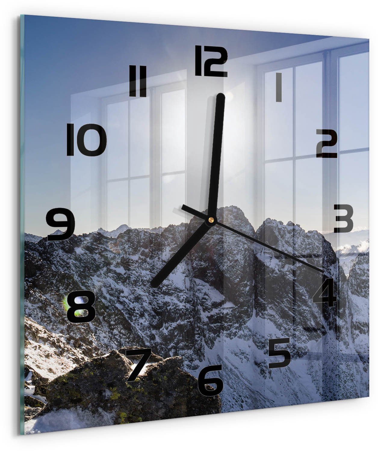 TULUP Wandklok - De winter in het Tatragebergte Moderne Wandklok Glas - 30x30 cm - Blauw Wandklok Glas Decoratie - Zwarte handen - Vierkante Klok - Glazen Wandklok Design - Klok Glas Met Opdruk