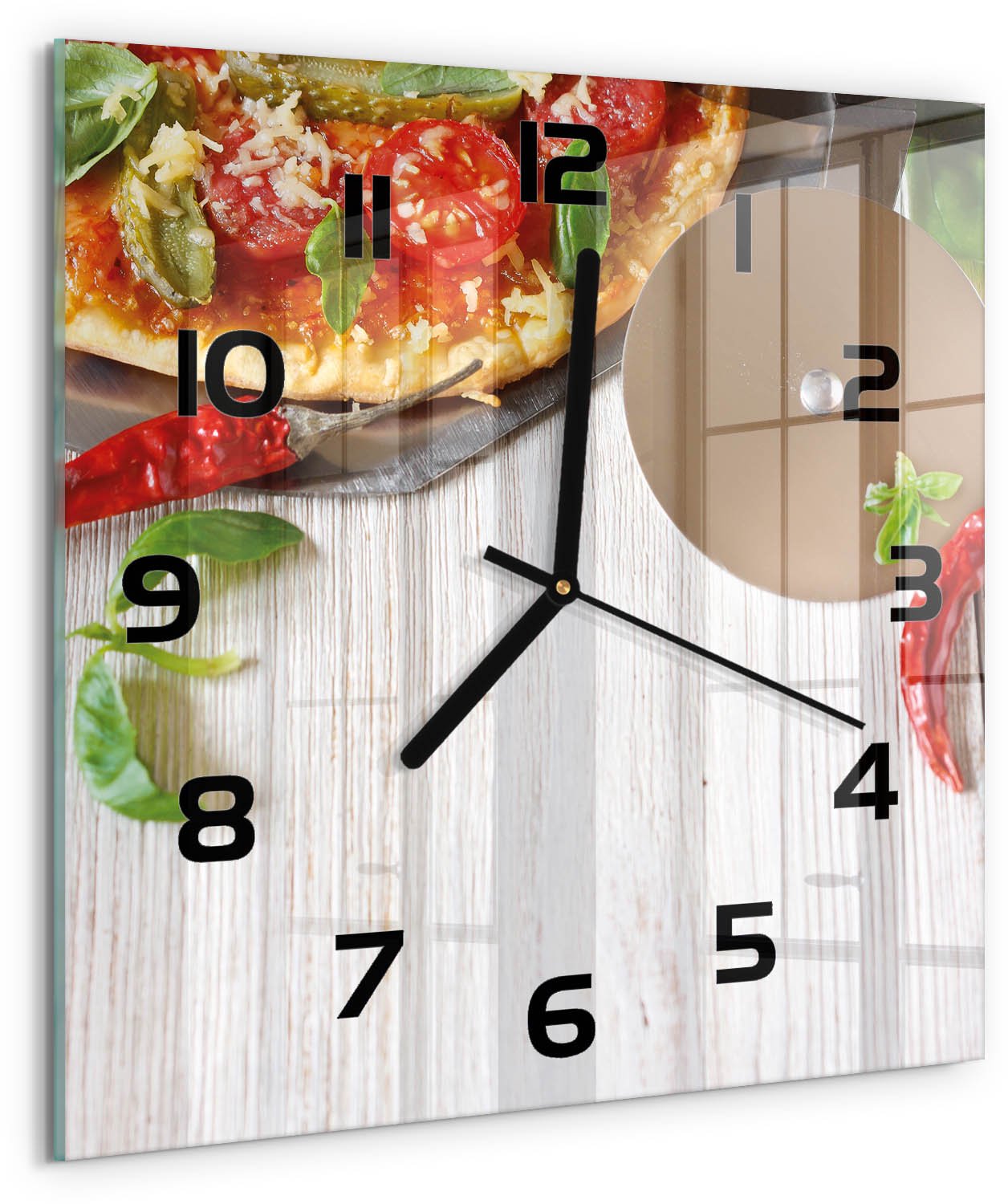 TULUP Wandklok - Pizza Glazen Wandklok Design - 30x30 cm - Rood Klok Glas Met Opdruk - Zwarte handen - Vierkante Klok - Wandklok Glas Met Motief - Decoratieve Glazen Klok