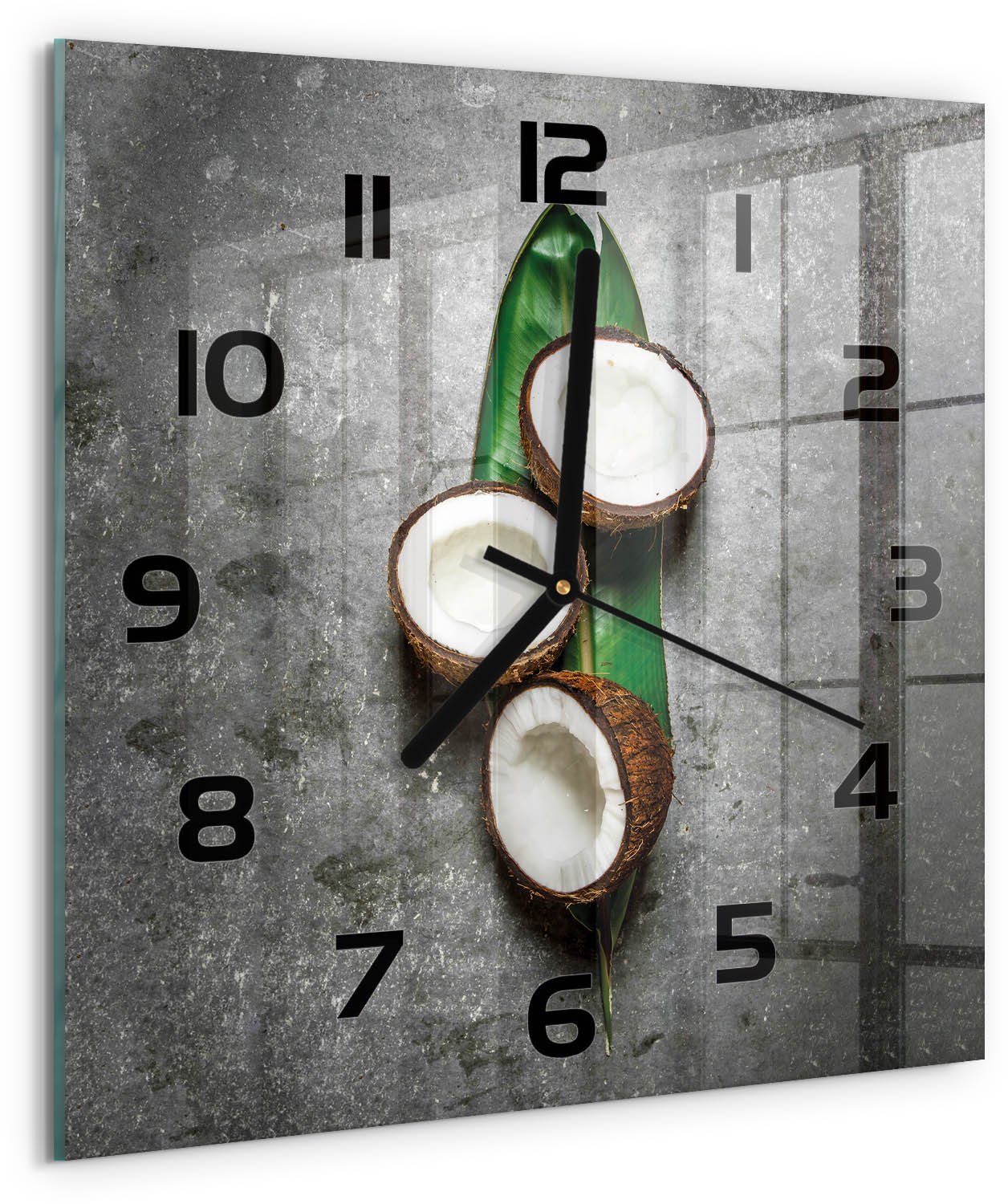 TULUP Wandklok - Een halve kokosnoot Klok Glas Met Opdruk - 30x30 cm - Groente Moderne Wandklok Glas - Zwarte handen - Vierkante Klok - Decoratieve Glazen Klok - Glazen Wandklok Design