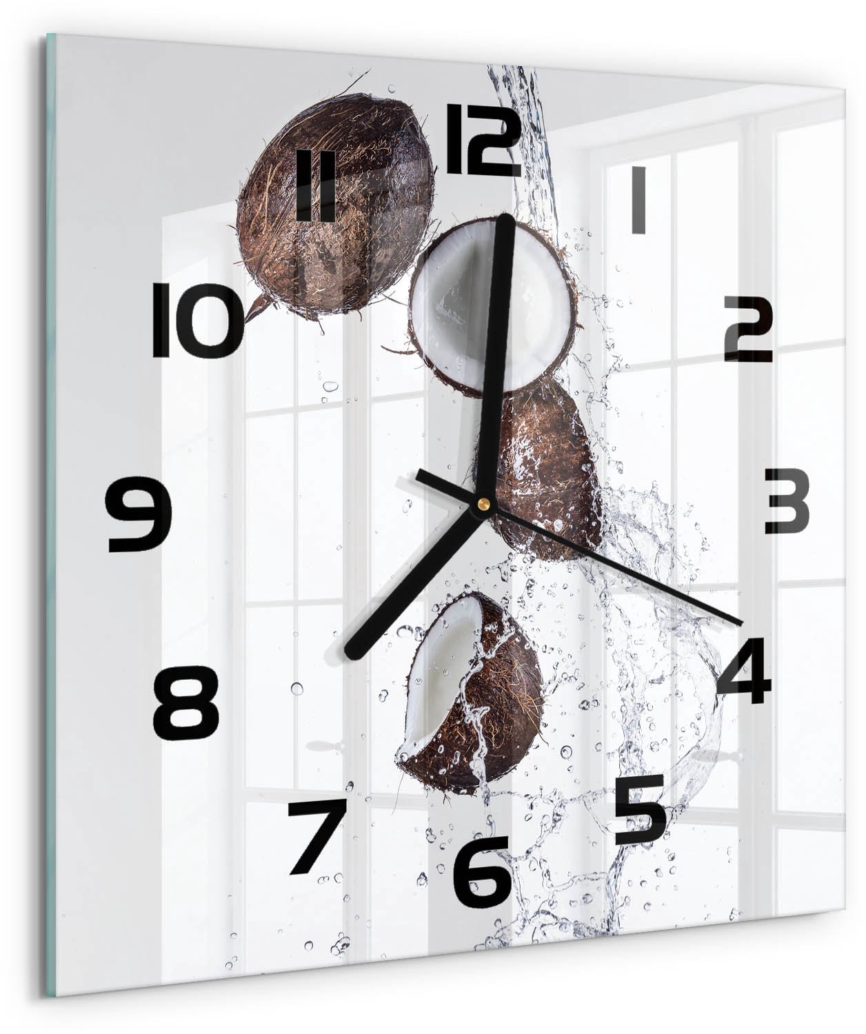 Tulup Wandklok - Kokosnoot met water Wandklok Glas Met Motief - 30x30 cm - Bruin Decoratieve Glazen Klok - Zwarte handen - Vierkante Klok - Gekleurde Glazen Klok - Glazen Klok Met Print