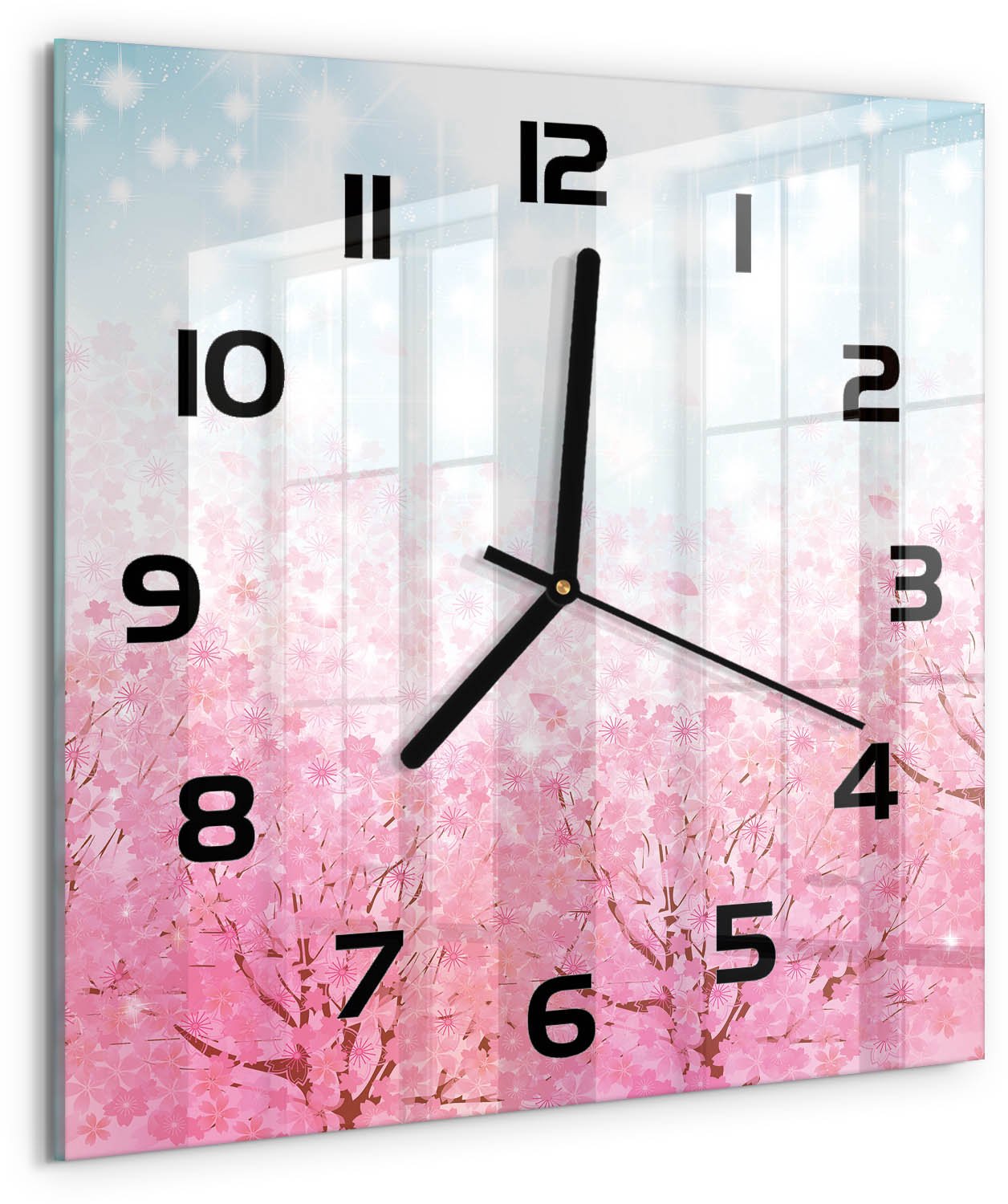 TULUP Wandklok - Kersenbloesem Wandklok Glas Decoratie - 30x30 cm - Roze Gekleurde Glazen Klok - Zwarte handen - Vierkante Klok - Klok Glas Met Opdruk - Moderne Wandklok Glas