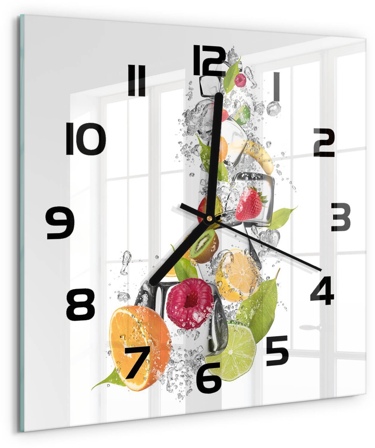 Tulup Wandklok - Fruit met ijs Wandklok Glas Decoratie - 30x30 cm - Veelkleurig Gekleurde Glazen Klok - Zwarte handen - Vierkante Klok - Klok Glas Met Opdruk - Moderne Wandklok Glas