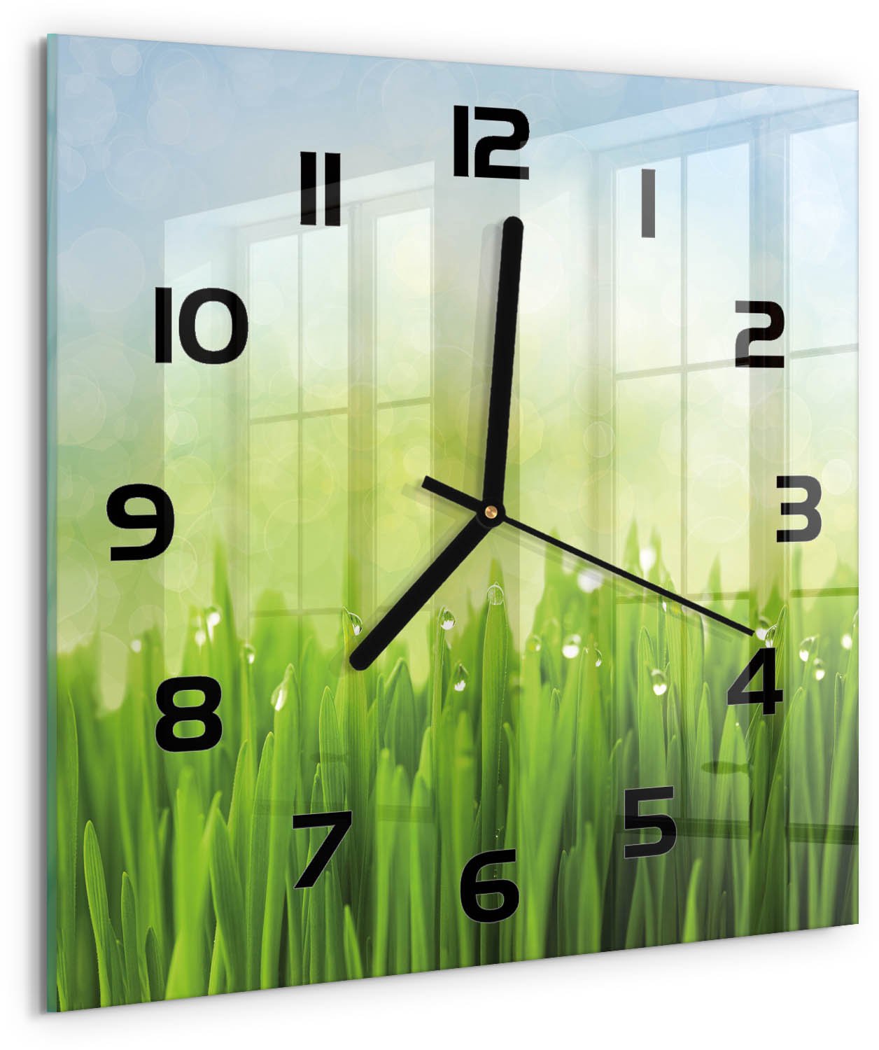 TULUP Wandklok - Gras Glazen Klok Met Print - 30x30 cm - Groente Wandklok Glas Met Motief - Zwarte handen - Vierkante Klok - Wandklok Glas Decoratie - Gekleurde Glazen Klok