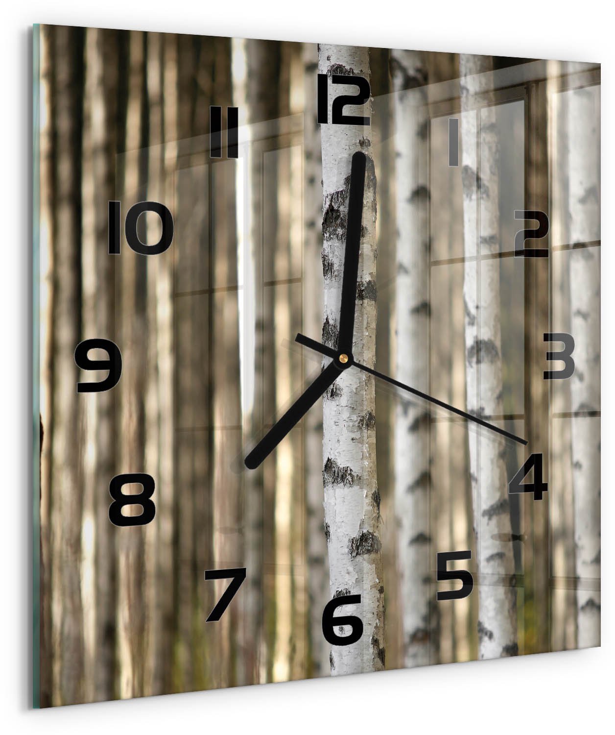 TULUP Wandklok - Berken Glazen Wandklok Design - 30x30 cm - Wit Klok Glas Met Opdruk - Zwarte handen - Vierkante Klok - Wandklok Glas Met Motief - Decoratieve Glazen Klok
