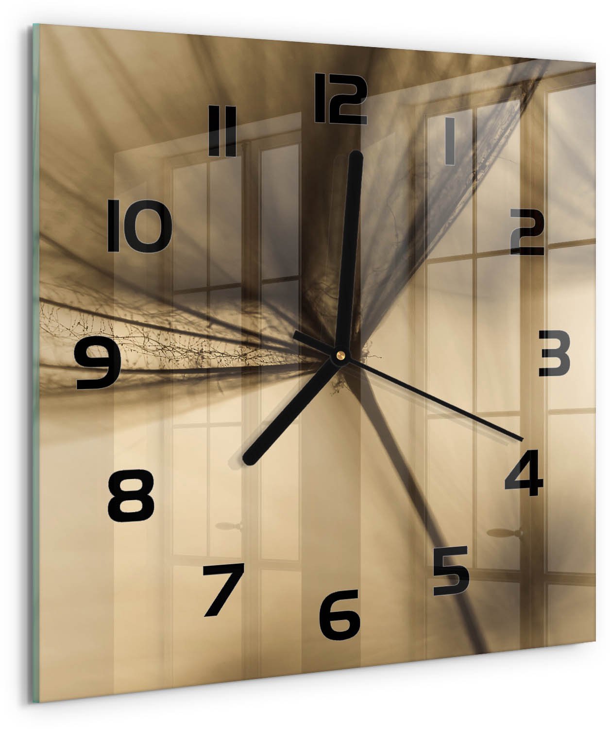 TULUP Wandklok - Paardebloem Klok Glas Met Opdruk - 30x30 cm - Beige Moderne Wandklok Glas - Zwarte handen - Vierkante Klok - Decoratieve Glazen Klok - Glazen Wandklok Design
