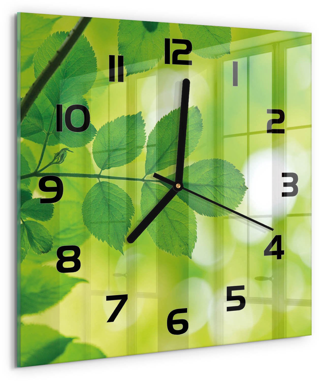 TULUP Wandklok - Groene bladeren Wandklok Glas Decoratie - 30x30 cm - Groente Gekleurde Glazen Klok - Zwarte handen - Vierkante Klok - Klok Glas Met Opdruk - Moderne Wandklok Glas