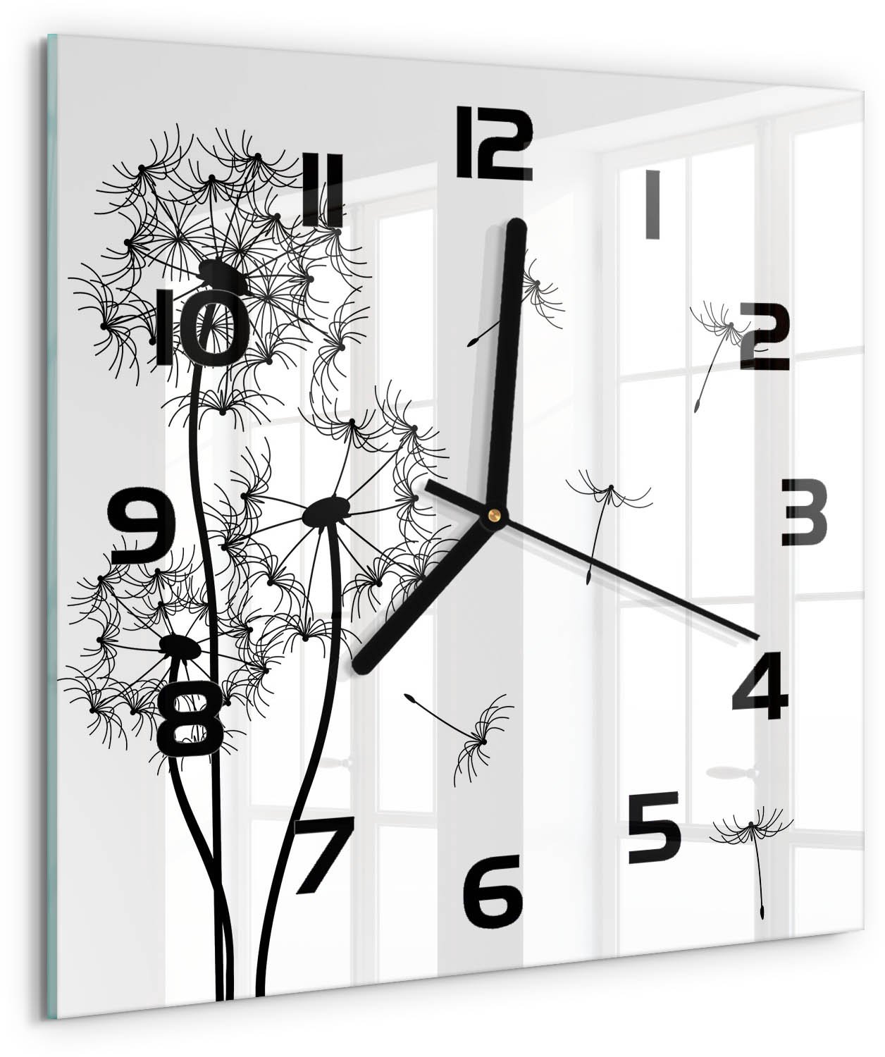 TULUP Wandklok - Paardenbloemtand Glazen Wandklok Design - 30x30 cm - Zwart-wit Klok Glas Met Opdruk - Zwarte handen - Vierkante Klok - Wandklok Glas Met Motief - Decoratieve Glazen Klok