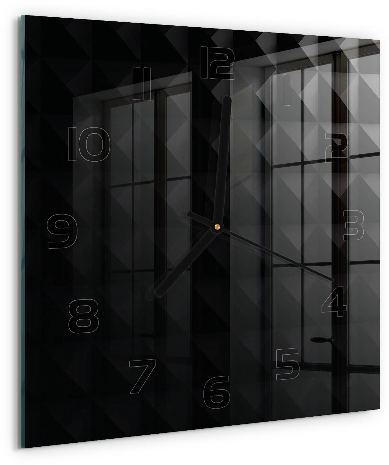 TULUP Wandklok - Abstracte achtergrond Klok Glas Met Opdruk - 30x30 cm - Zwart Moderne Wandklok Glas - Zwarte handen - Vierkante Klok - Decoratieve Glazen Klok - Glazen Wandklok Design