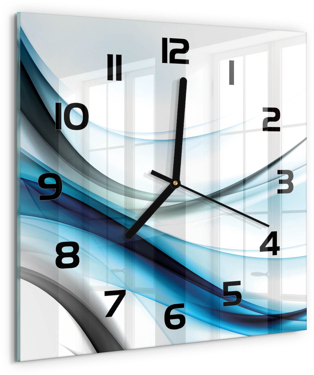 TULUP Wandklok - Golfabstractie Wandklok Glas Met Motief - 30x30 cm - Blauw Decoratieve Glazen Klok - Zwarte handen - Vierkante Klok - Gekleurde Glazen Klok - Glazen Klok Met Print