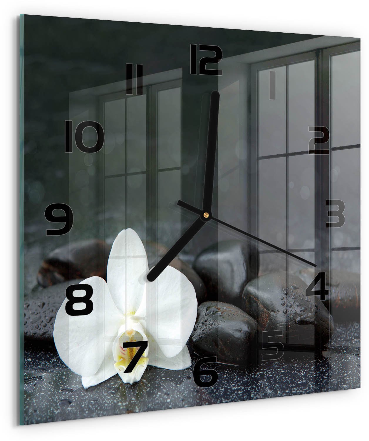 TULUP Wandklok - Orchidee Wandklok Glas Met Motief - 30x30 cm - Zwart Decoratieve Glazen Klok - Zwarte handen - Vierkante Klok - Gekleurde Glazen Klok - Glazen Klok Met Print
