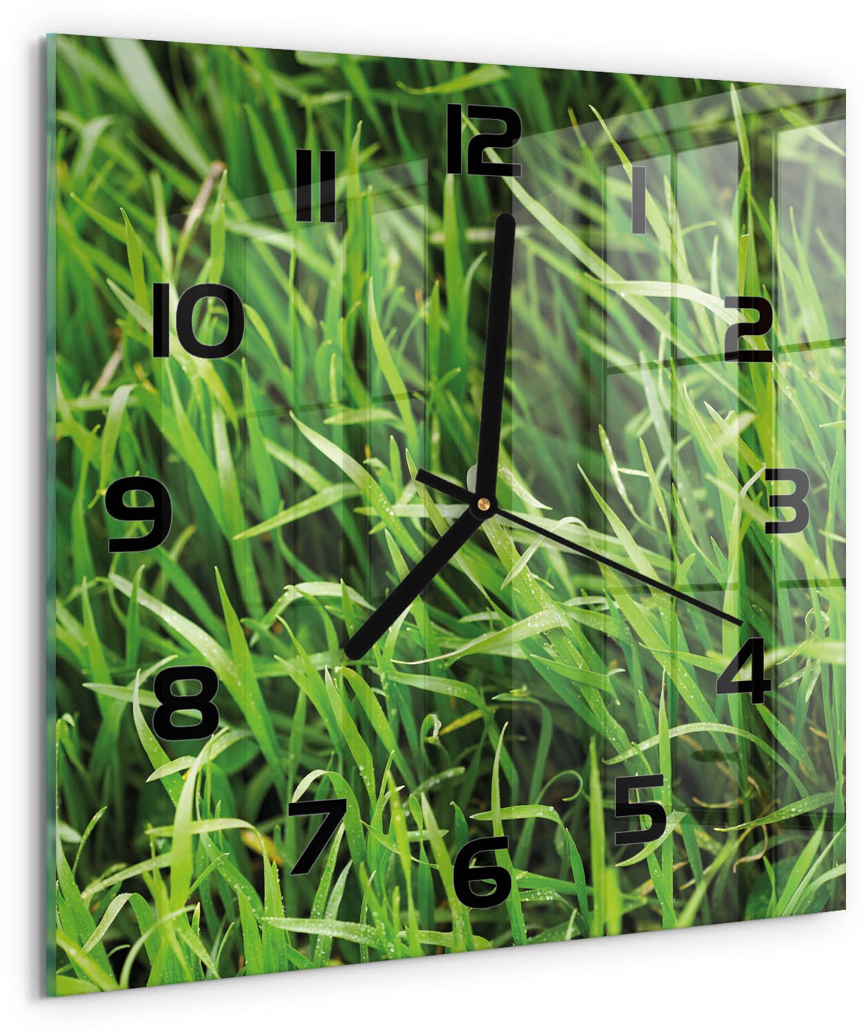 TULUP Wandklok - Gras Wandklok Glas Met Motief - 30x30 cm - Groente Decoratieve Glazen Klok - Zwarte handen - Vierkante Klok - Gekleurde Glazen Klok - Glazen Klok Met Print