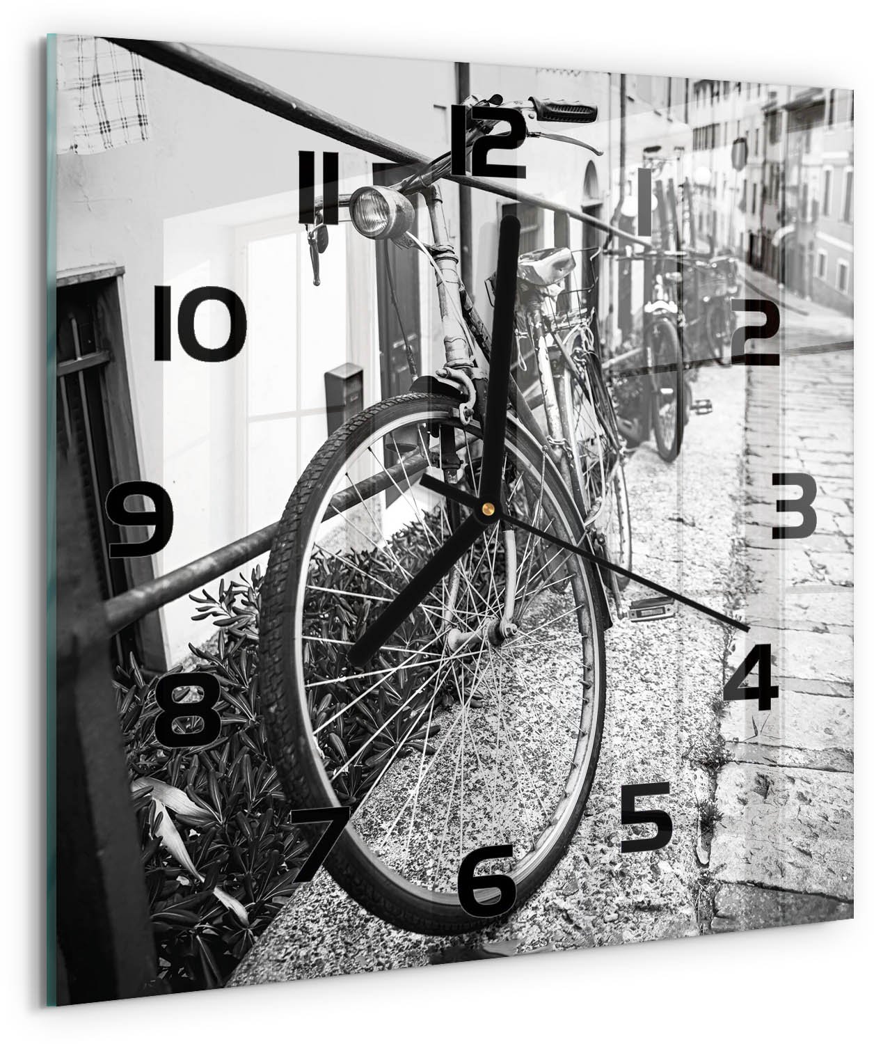 Tulup Wandklok - Stadsfietsen Wandklok Glas Met Motief - 30x30 cm - Zwart-wit Decoratieve Glazen Klok - Zwarte handen - Vierkante Klok - Gekleurde Glazen Klok - Glazen Klok Met Print