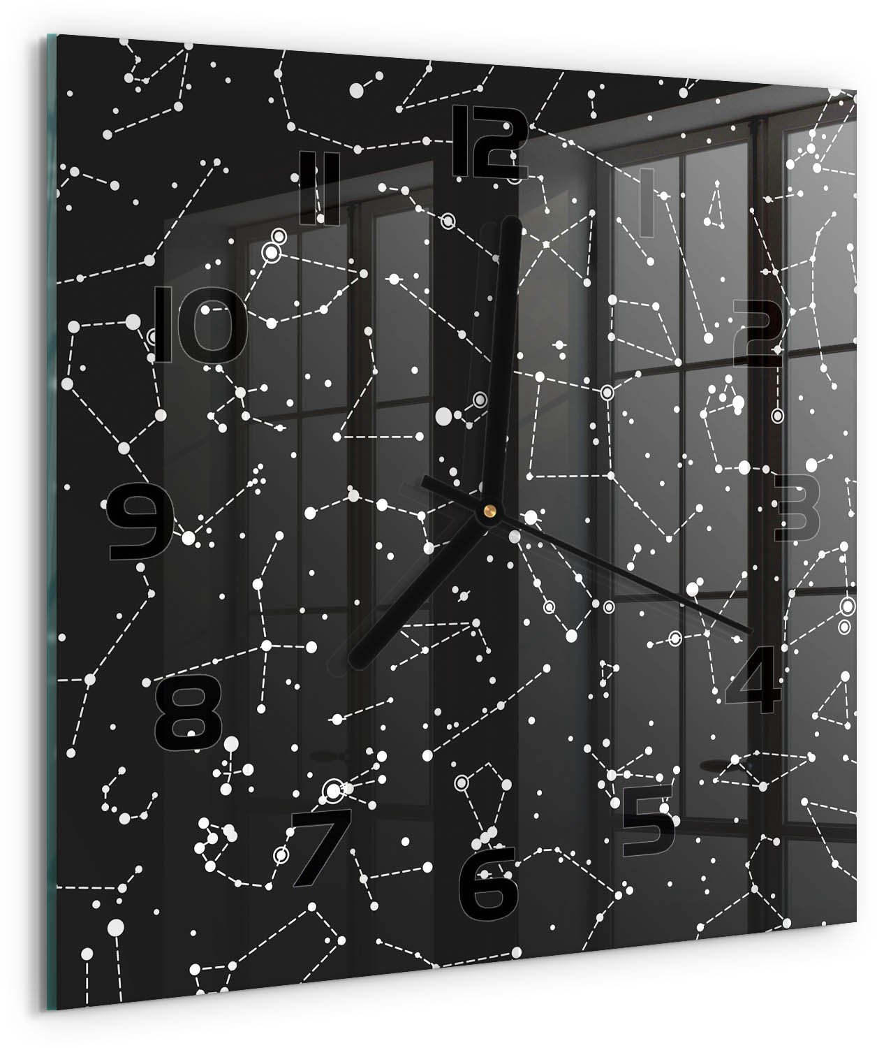 Tulup Wandklok - Sterrenbeeld Glazen Wandklok Design - 30x30 cm - Zwart-wit Klok Glas Met Opdruk - Zwarte handen - Vierkante Klok - Wandklok Glas Met Motief - Decoratieve Glazen Klok