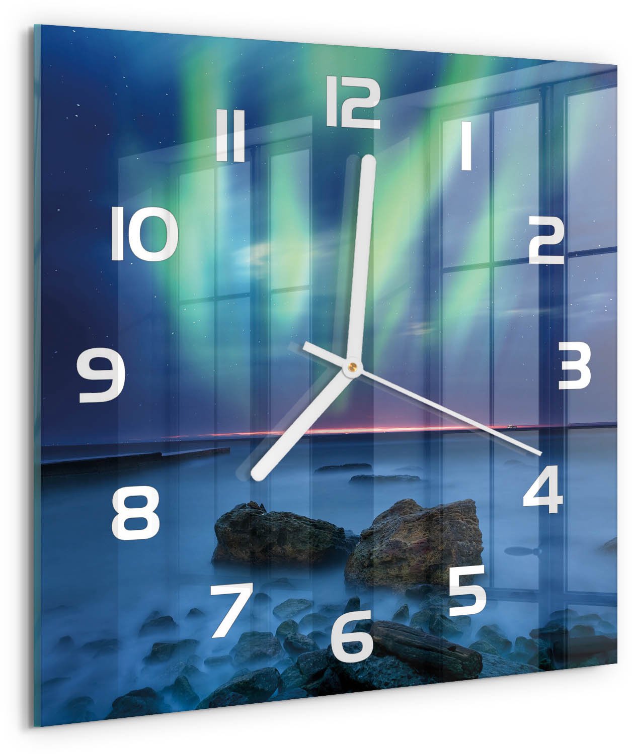 Tulup Wandklok - Noorderlicht Wandklok Glas Met Motief - 30x30 cm - Groente Decoratieve Glazen Klok - Witte handen - Vierkante Klok - Gekleurde Glazen Klok - Glazen Klok Met Print