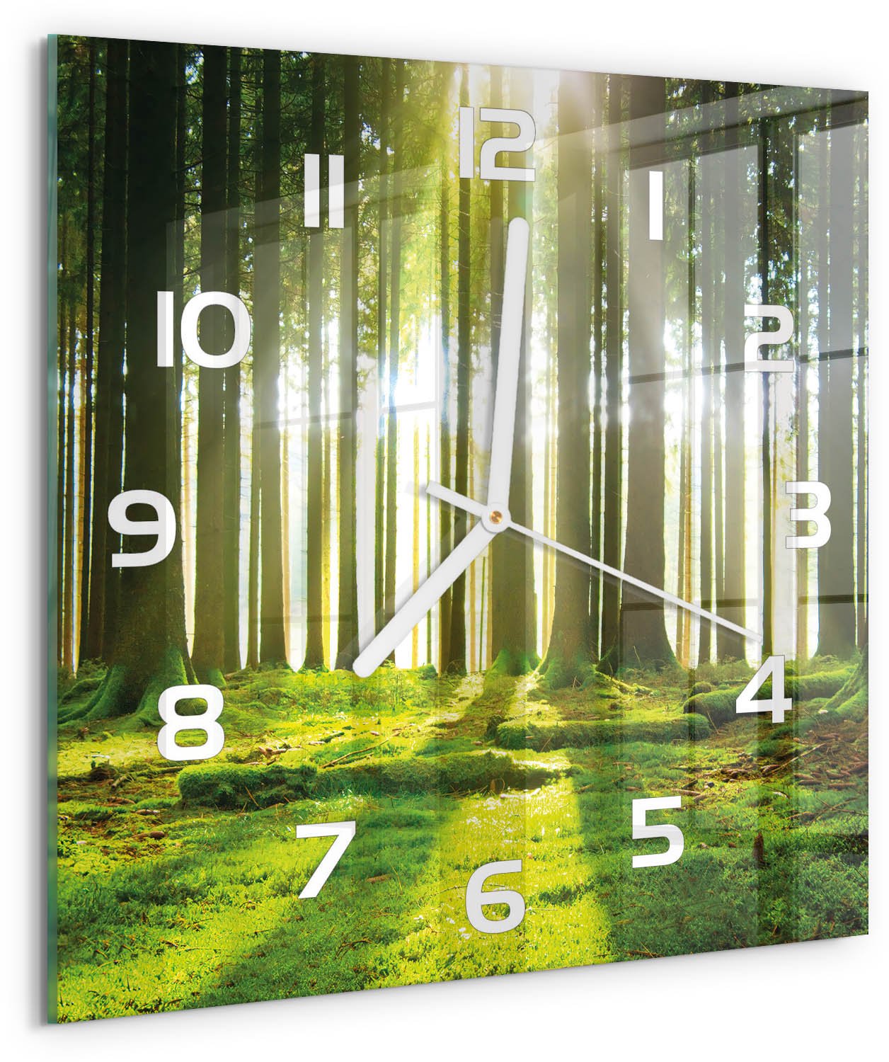 Tulup Wandklok - Bos in de zon Klok Glas Met Opdruk - 30x30 cm - Groente Moderne Wandklok Glas - Witte handen - Vierkante Klok - Decoratieve Glazen Klok - Glazen Wandklok Design