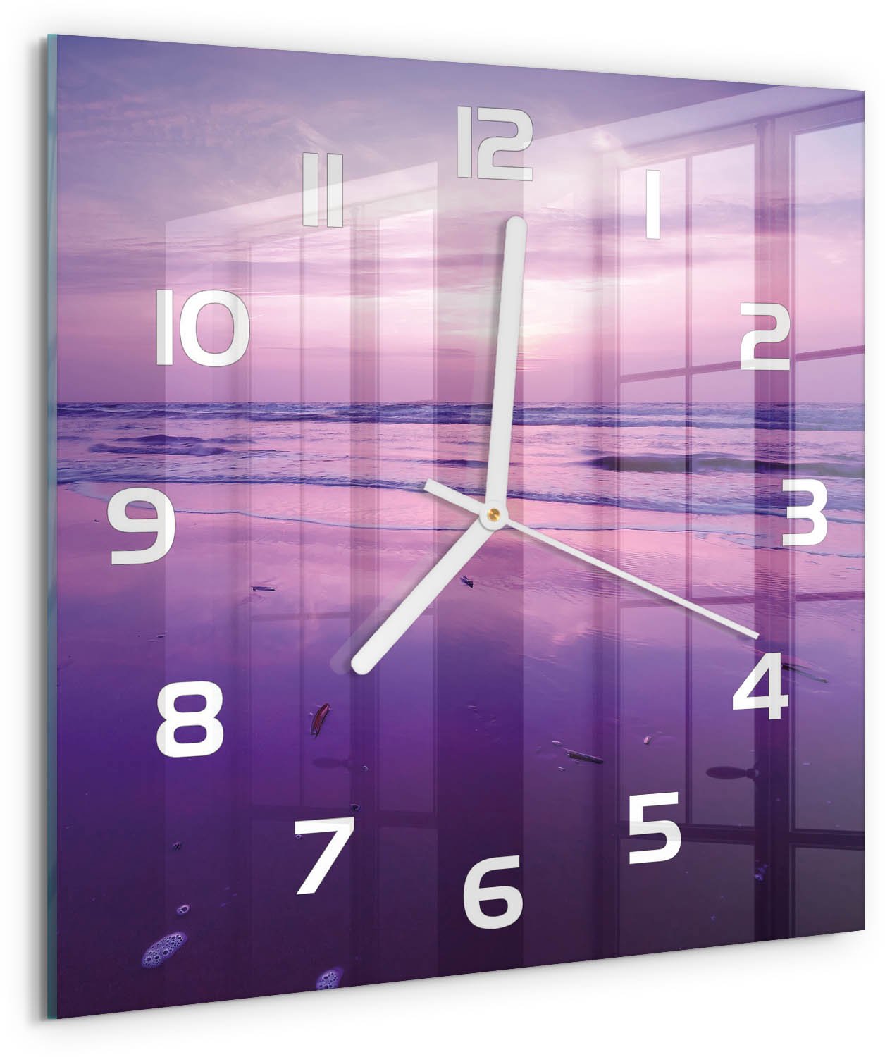 Tulup Wandklok - Zonsondergang Zee Moderne Wandklok Glas - 30x30 cm - Paars Wandklok Glas Decoratie - Witte handen - Vierkante Klok - Glazen Wandklok Design - Klok Glas Met Opdruk