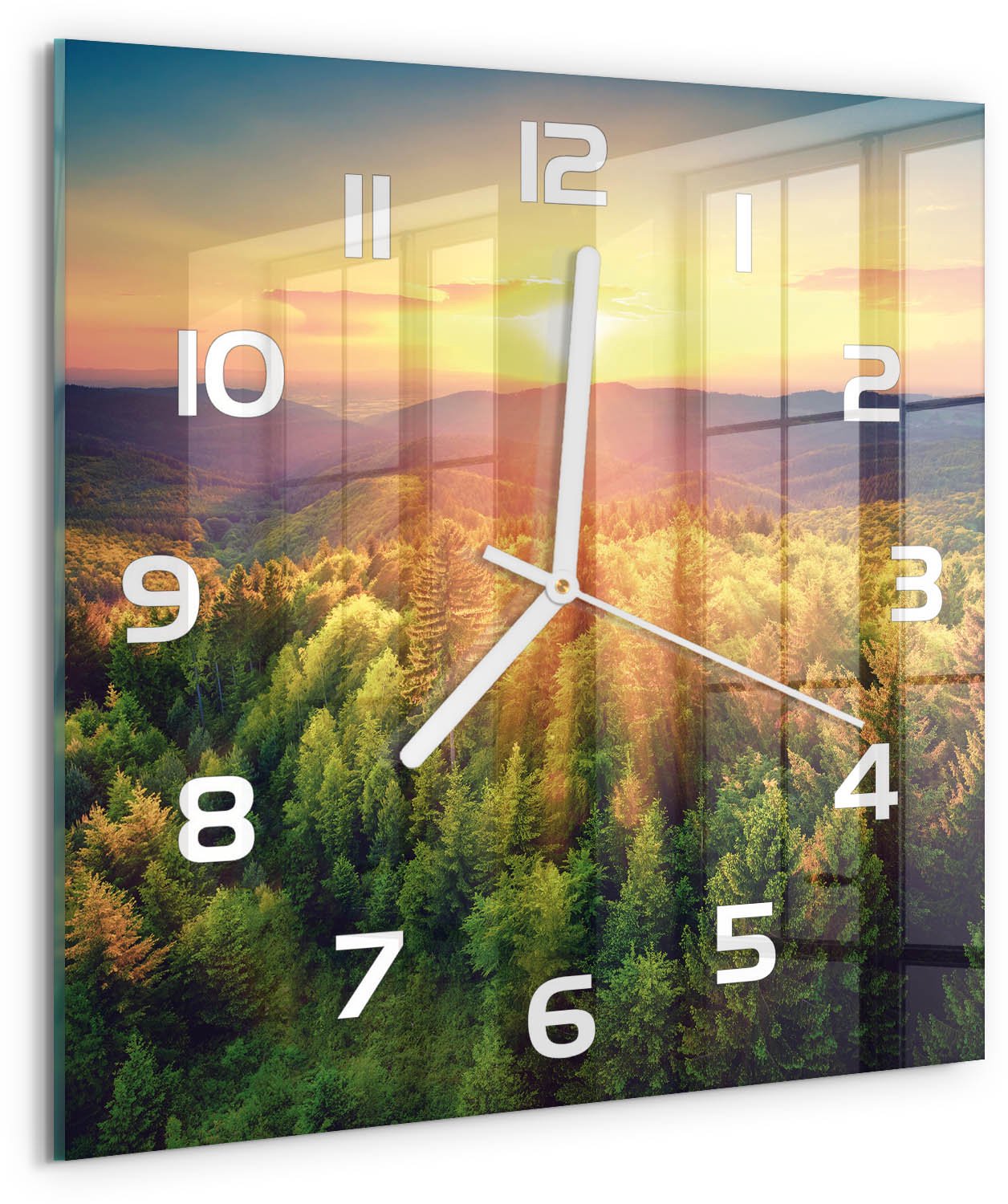 Tulup Wandklok - Zonsondergang in het bos Gekleurde Glazen Klok - 30x30 cm - Geel Glazen Klok Met Print - Witte handen - Vierkante Klok - Moderne Wandklok Glas - Wandklok Glas Decoratie