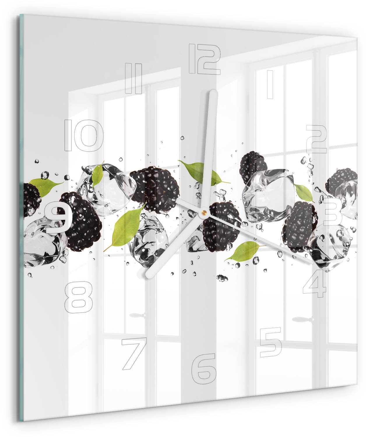 Tulup Wandklok - Zoete kersen en water Decoratieve Glazen Klok - 30x30 cm - Zwart Glazen Wandklok Design - Witte handen - Vierkante Klok - Glazen Klok Met Print - Wandklok Glas Met Motief