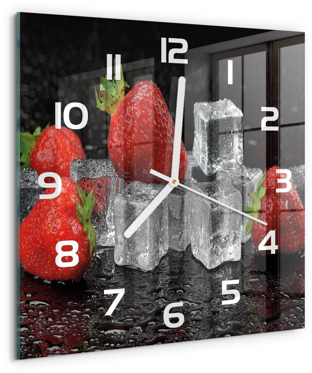 Tulup Wandklok - Aardbeien met ijs Moderne Wandklok Glas - 30x30 cm - Rood Wandklok Glas Decoratie - Witte handen - Vierkante Klok - Glazen Wandklok Design - Klok Glas Met Opdruk