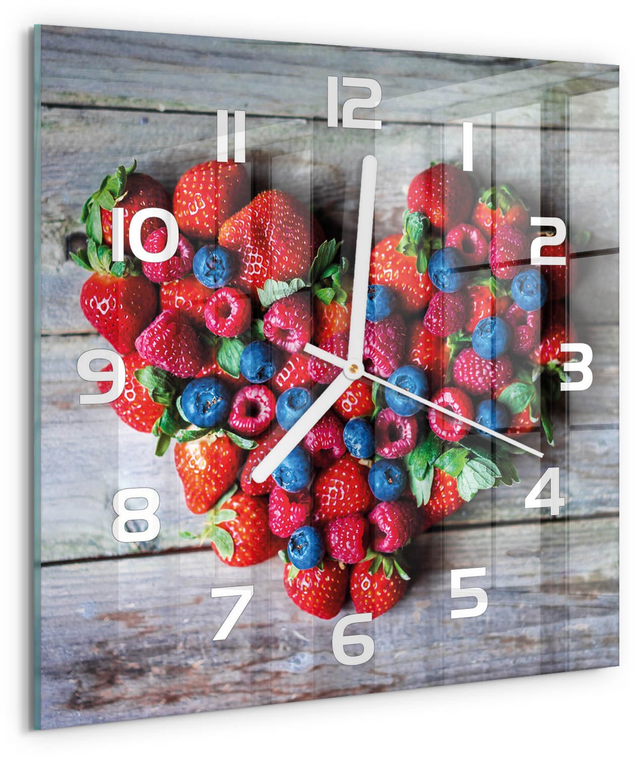 Tulup Wandklok - Hart van Fruit Glazen Klok Met Print - 30x30 cm - Rood Wandklok Glas Met Motief - Witte handen - Vierkante Klok - Wandklok Glas Decoratie - Gekleurde Glazen Klok